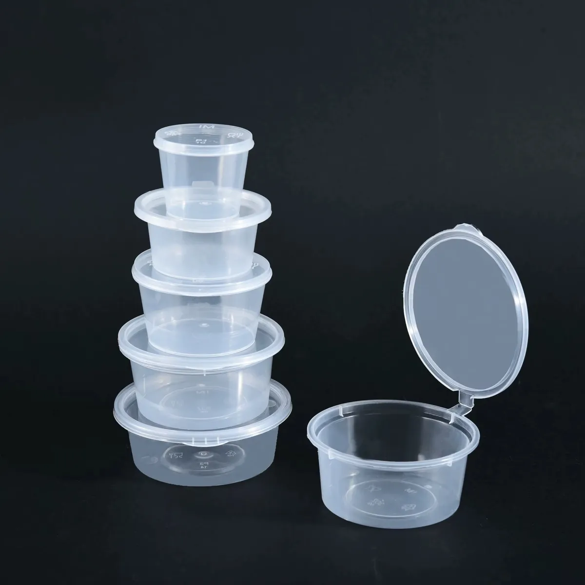 Pot sauce en plastique 1 oz (≈ 30 ml) avec couvercle attaché